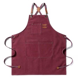 Tosewever Canvas Cross Back Chef Cotton Aprons for Men Women with Large Pockets (Dark Red)