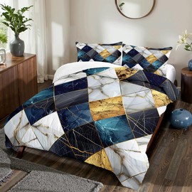 CCoutueChen Blue White Gold Marble Comforter Set Queen Size Checkered Geometric Bedding Set Modern Aesthetic Abstract Art Marble Texture Comforters 3Pcs Soft Microfiber Down Alternative Comforter Sets