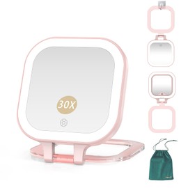Mocado Compact Travel Makeup Mirror, 1X/30X Magnifying Mirror with Light, Double Sides Compact Mirror with 3 Color Light, Dimmable Handheld Mirror, Rechargeable Travel Mirror for Purse,Pocket(Pink)