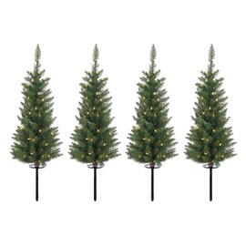 Set of 4 Lighted 3 Feet High Christmas Pathway Trees with Yard Stakes - Battery Operated with Timer and Functions, Indoor Outdoor Usage, Christmas Trees