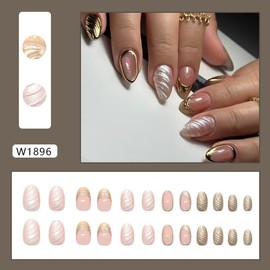 24Pcs Almond Press on Nails Stiletto Fake Nails with Gold Stripe Designs 3D Reusable French Tip Acrylic Nails Reusable Medium Almond False Nails Glue on Nails for Women
