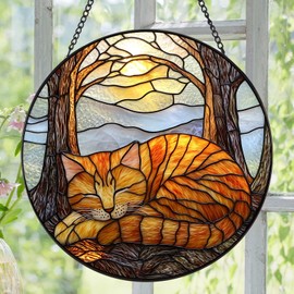 Zizzie Stained Glass Cat Suncatcher - 7.9" Real Glass Sleeping Orange Tabby Window Hanging, Weatherproof Pet Memorial Decor, Rainbow Bridge Sympathy Gift for Cat Lovers Women Mom