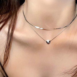Inilbran Boho Layered Snake Chain Necklace Choker Vintage Heart Snake Chain Choker Silver Heart Pendant Necklace Snake Herringbone Chain Necklace For Women, Zinc, No Gemstone