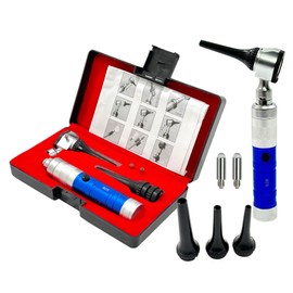 Blue Handle Veterinary Otoscope Set with Specula, Extra LED Bulbs, and a Hard Storage Case - Animal Ear, Nose, and Throat Examination