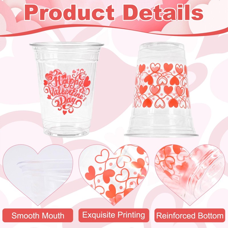 50 Pcs 12 oz Valentine’s Day Plastic Cups, “Happy Valentine’s