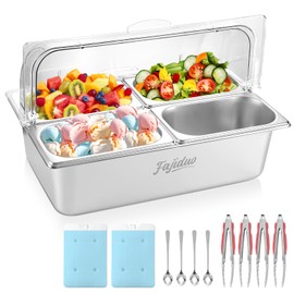 Countertop Ice Food Serving Display Container, Spice Display Salad Dressing Cooler, Stainless Steel Food Serving Tray Buffet Condiment Dispenser with Clear Roll Top Cover, Clamps, Spoons, Ice Packs