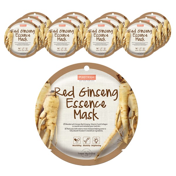 Purederm Red Ginseng Essence Mask (12 Pack) - Easy sheet type Korean beauty essence mask - red ginseng extracts, collagen, and vitamin E ingredients to help nourish and improve skin vitality, and natural pulp materials contain moisture to help deliver act