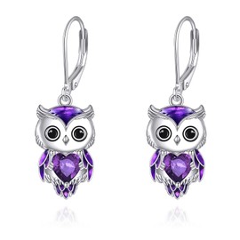 Sterling Silver Owl Dangle Earrings - Birthstone Owl Jewelry for Women - Christmas Gifts (02-February)