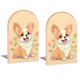 Happy Little Corgi Puppy Book Ends Decorative Wood Bookends for Shelves Kids Room Desk Home Office Book Stoppers for Magazines,Books, DVDs, 1 Pair/2 Pieces(5x3.1 in)