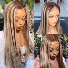 Wiggins hair Brown Wig With Highlight Blonde Lace Front Wigs Human Hair Blonde Highlight Wig 5x5 Straight Lace Front Wigs Human Hair Wigs For Black Women P4/613 Blonde Wig Human Hair Wigs 20 Inch