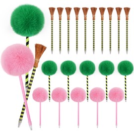 GUBEARE 20 Pack Witch Party Favors Including 10 Pcs Witch Broom Pens and 10 Pcs Fluffy Ballpoints, Wand Broom Shape Pens Birthday Theme Goody Bag Filler Favors for Party Supplies Decorations Gifts