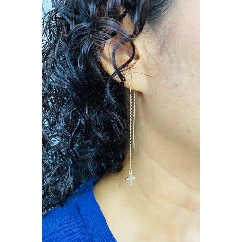 14K Solid Gold Cross Threader Earrings, Dangle Chain Drop, 14K