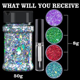 Holographic Chunky Glitter 50g Silver+8g*4 Body Glitter with Multi-shapes Red+Green+Magic Purple+Turquoise Sparkle Glitter for Body Face Eye Hair Makeup Glitter for Resin Project+Quick Dry Makeup Glue