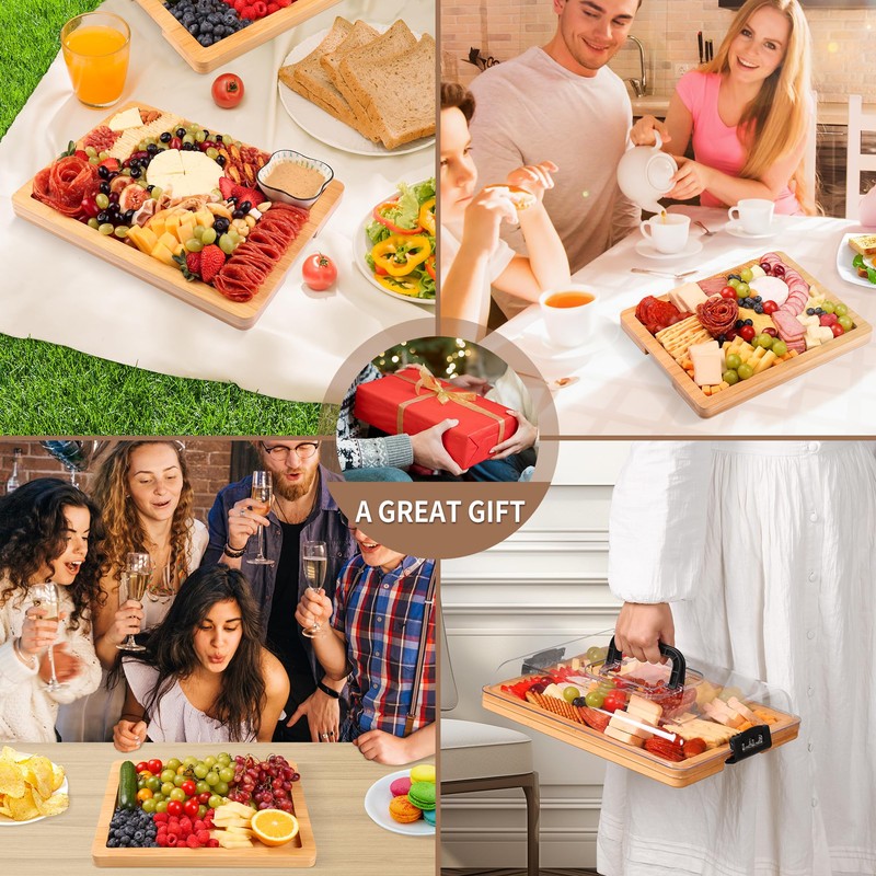 CAWIU Charcuterie Board with Lid and Handle - Portable Travel