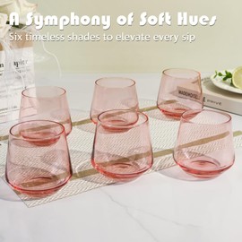 Colorsavant Pink Stemless Wine Glasses Set of 6 – 14oz Hand-Blown Lead-Free Crystal Pink Glassware for Wine, Gifts for Women, Wedding, Birthday