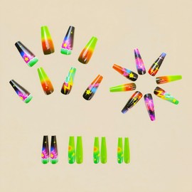 Nebula Press on Nails Medium Coffin Fake Nails Glossy Gradient Acrylic False Nails Colorful Glue on Nails Spring Summer Stick on Nails Reusable Full Cover Artificial Nails Kit for Women Girl 24Pcs