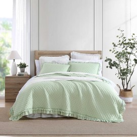 Laura Ashley - Queen Quilt Set, Premium Microfiber Bedding with Matching Shams, Solid Diamond Stitch with Ruffled Edges, Chic Home Decor (Claire Ruffled Green, Queen)