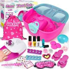 Golray - Kit de spa y uñas para niños, regalo para niñas de 5, 6, 7, 8 a 12 años, juguetes de manicura, pedicura, salón de arte, masaje, burbujas y música, tina de remojo de pies, día de spa, fiesta