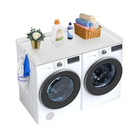 VEVOR Washer Dryer Countertop, 54" x 27" Wooden Washer and Dryer Countertop with 2 Hooks, Laundry Machine Covers for The Top with Anti-Slip Pads, for Laundry Room Organization and Storage, White