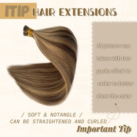 50 Strands/Pack I Tip Real Human Hair Extensions for Women,20" Medium Brown and Dark Blonde Highlights Hair Extensions Soft Straight Cold Fusion Hair Piece Pre Bonded Keratin Stick in Hair Extensions