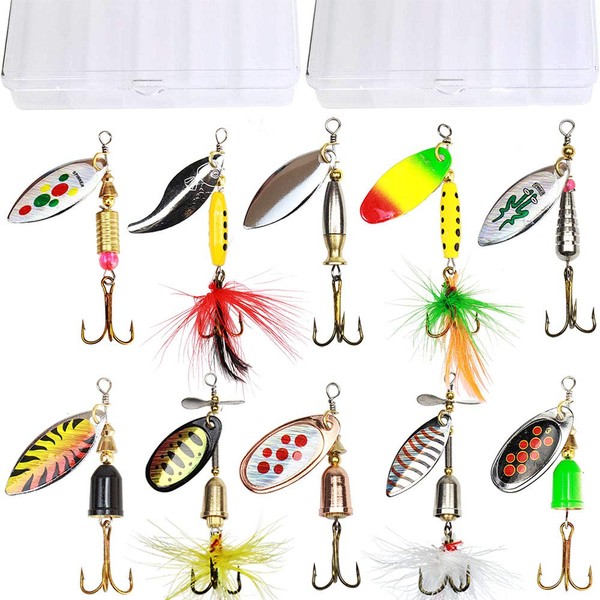 TB TBUYMAX 10pcs Fishing Lure Spinnerbait, Bass Trout Salmon Hard Metal Spinner Baits Kit with 2 Tackle Boxes