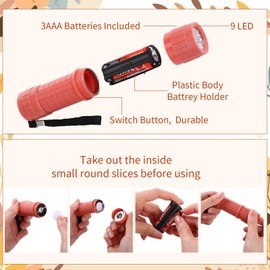 Glooglitter 18 Pack 9 LED Flashlight Bulk Plastic Handheld Flashlight Kids Flashlight with Lanyard, Each with 3 AAA Batteries Included for Kids Night Reading Party Camping Emergency Hunting, 6 Color