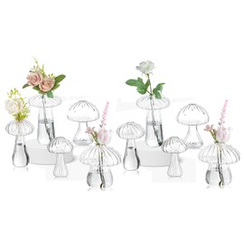 ZhouZGlass Mushroom Flower Vase, Cute Small Flower Vase Set,Small Bud Flower Vases Unique, Mushroom Propagation Hydroponic Vases, Funky Cottagecore Decor for Home Room (Clear, 10 Pcs)