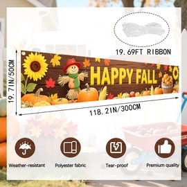 Happy Fall Banner 120x20inch Large Outdoor Decor - Thanksgiving Autumn Welcome Sign with 19.69ft Ribbon, Double Stitched - Fall Porch Decor for Yard, Fence, Home, Party