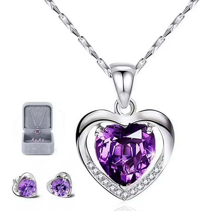Collar Y Aretes Dije Corazón Cristal Mujer,regalo Para Mujer
