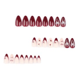 Red French Tip Press on Nails Cherry Fake Nails Short Almond False Nails with Pearl Design Bow Glue on Nail Glossy Artificial Acrylic Full Cover Nude Stick on Nail for Women Manicure 24Pcs