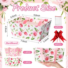 Skyygemm 12 Pcs Mother's Day Basket for Gifts Empty 9.8 x 6.5'' Flower Pattern Gift Basket to Fill Sturdy Basket with Handles, Bows, Plastic Bags and Twist Ties for Mother's Day, Wedding, Anniversary