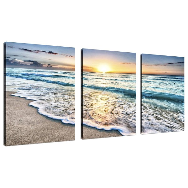 White 3 Panel Blue Sea Sunset Canvas Wall Art Ready