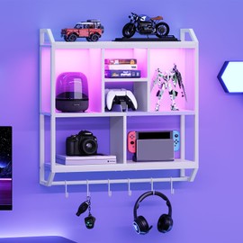 HOOBRO Gaming Floating Shelves with LED Lights, 28.7" LED Wall Mounted Shelf, 3-Tier Display Rack for Wall Storage, Floating Rack with Hanging Rod and 6 S-Hooks, for Gaming Room, White WT70DBJ01