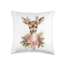 Reindeer Retro Vintage Pink Christmas Baby Deer Cottagecore Throw Pillow