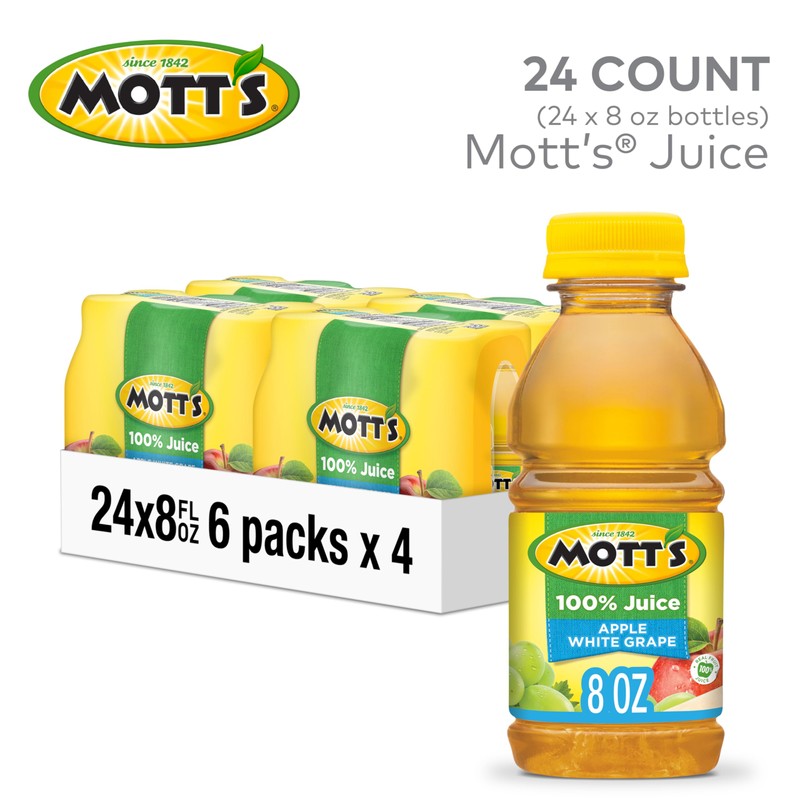 Mott's 100% Apple White Grape Juice, 8 Fl Oz Bottles,