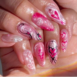 BABALAL Heart Press on Nails Medium Almond Fake Nails Pink Glue ons Nails Y2k Star Design Acrylic Nails Pearl Stick on Nails 24Pcs Stiletto Full Cover Valentines False Nails