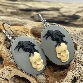 FANCY FOX BOUTIQUE SKULL RAVEN FRENCH WIRE GOTHIC SILVER SKELETON Cameo Earrings Wedding  BIRTHDAY