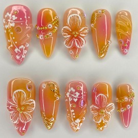 24Pcs Flower Press on Nails Almond Fake Nails 3D Pearl Rhinestones Gold Beads White Hibiscus Flowers Nails Press ons False Nail Pink Yellow Acrylic Nails Reusable Stick on Nails for Women