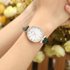 Top Plaza Womens Ladies Classic Simple Leather Analog Quartz Wrist Watch Rose Gold Case Arabic Numerals Casual Dress Watches(Green)