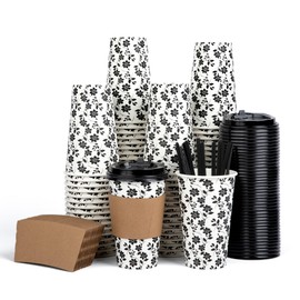 MakeASplash 100 Pack 16 oz Disposable Paper Coffee Cups with Lids, Sleeves and Straw Stirrers for Home, Office, Events or Business (Black and White Floral Pattern)