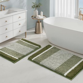 HOMEIDEAS Bathroom Rugs and Mats Set, 2 Piece Thick Absorbent Fluffy Striped Chenille Bath Rugs, Non Slip, Soft Shaggy Bath Mats for Bathroom, Machine Washable (20" x 32" Plus 17" x 24", Sage Green)