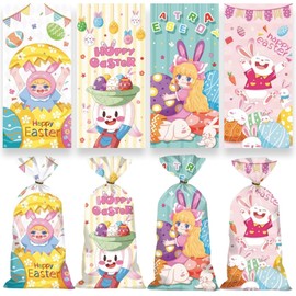 Lodeihoo 50 PCS Easter Cellophane Bags, 4 Styles Easter Candy Gift Bags with 50 PcsTwisted Ties for Snacks Cookies Candy Packing, Easter Party Favor Supplies