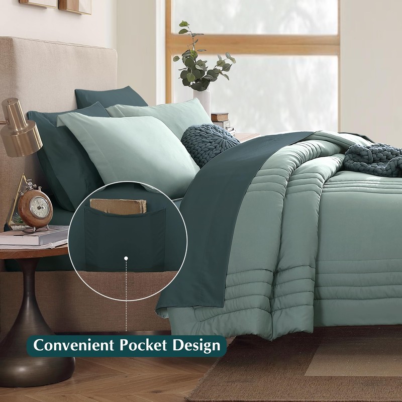 Monbix Queen Comforter Set - 7 Pieces Sage Green Bed