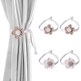 GLOBLELAND 4 Pcs 2 Colors Handmade Knitting Curtain Tie Back Linen Boho Curtain Ties Flower Pearl Curtains Tiebacks Curtain Holdbacks for Home Office Window Draperies
