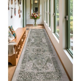 Color&Geometry Retro Luxury Thin Runner Rug TPE Non Slip Backing Dirt Trapper, 24"x72", Low Profile Hallway Runner, Runners for Hallways, Easy Clean, Green (Fold)