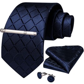 DiBanGu Plaid Ties for Men Silk Checkered Necktie and Pocket Square Cufflinks Tie Clip Set with Gift Box for Wedding Business, Navy Blue