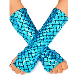 GEMILY - Guantes de escamas de sirena sin dedos metálicos para mujer, Azul, Talla única