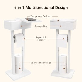 Wealone 4-in-1 White Toilet Paper Holder Stand with Storage Shelf Box, Bamboo Free Standing Toilet Tissue Roll, Toilet Wipes Dispenser Organizer, Temporary Desktop for Bathroom (Patent Protection)