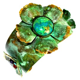Elaine Coyne Collectible Artwear Verdigris Patina Sculptural Flowers Tapered Cuff - Chrysocolla