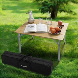 Navaris Bamboo Camping Table - Portable Folding Campervan Table - Picnic Tables That Fold Up - Foldable Fishing Table with Aluminium Telescopic Legs - Outdoor Foldaway Card Table
